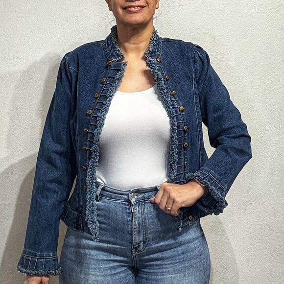 Tunique Denim Open Front Military Blazer Sz S - Picture 1 of 12